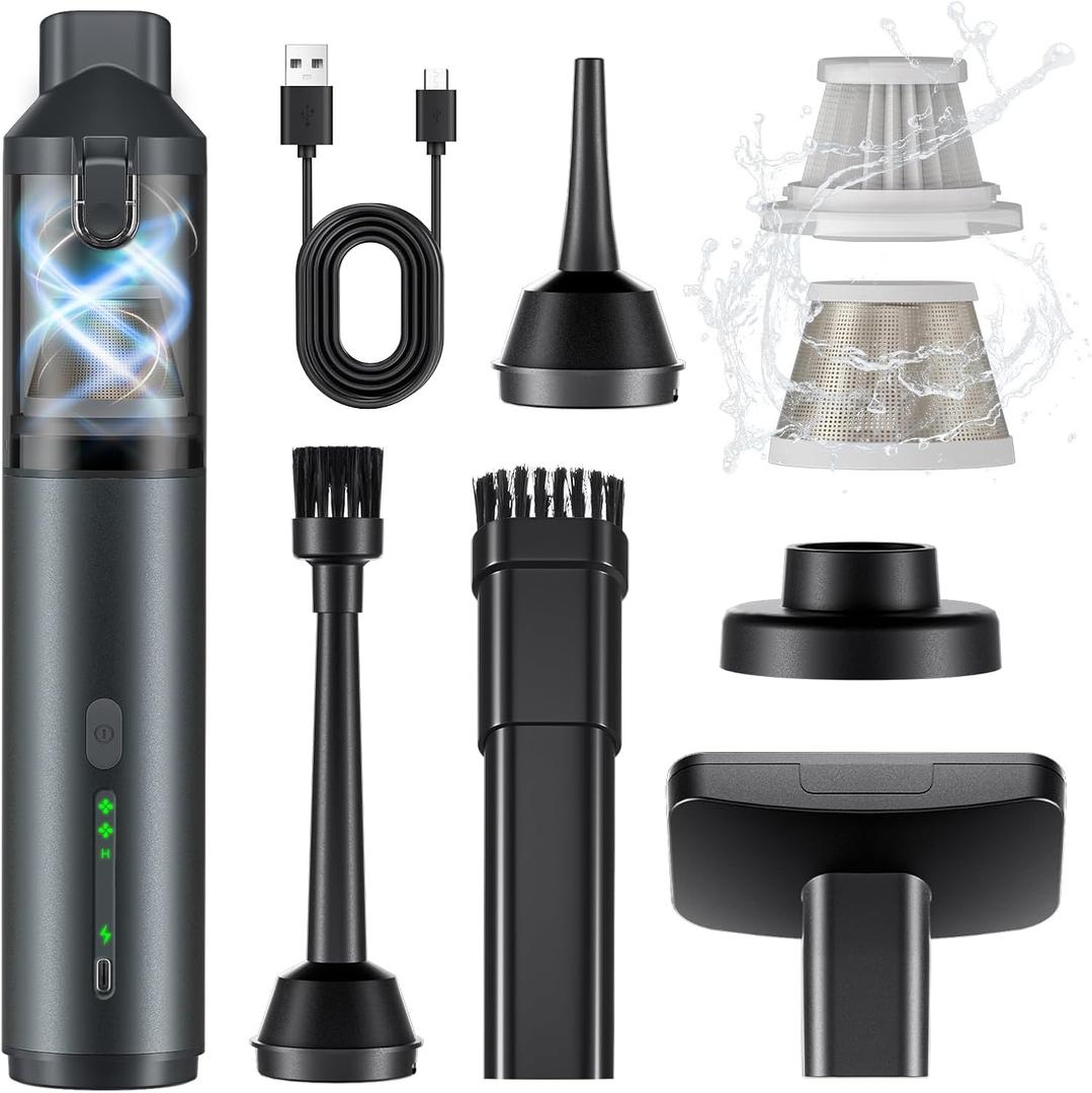 Car Vacuum Portable with 16000Pa Powerful Suction, Handheld Vacuum Cordless Rechargeable Blow & Suction 4 in 1, Small Vacuum Cleaner for Car, Home, Office, Outdoor (Grey)