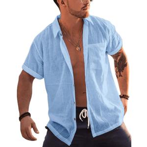 Bbalizko Mens Short Sleeve Button Up Shirts Linen Cotton Beach Tops Spread Collar Plain Summer T Shirt with Pocket (XX-Large, Blue)