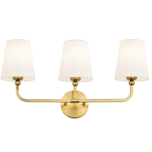 Bathroom Light Fixtures, 3Light Brushed Gold Vanity Lights, 24.5" Bathroom Lighting Fixtures Over Mirror with Flared White Fabric Shade, Modern Wall Sconces for Bedroom Living Room Hallway