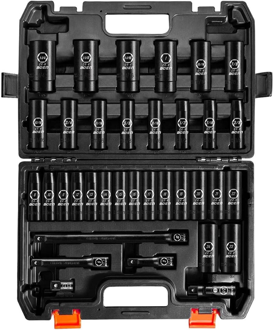 BOEN 35-Piece 1/2" Drive Deep Impact Socket Set - SAE 3/8"-1-1/4" & Metric 8-24mm, Extensions, Joint & Adapter, Cr-V Steel, Double Lock Case