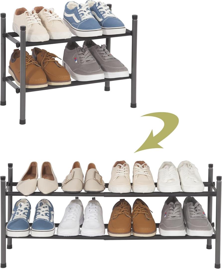 2 Tier Shoe Rack, Expandable Shoe Storage Organizer Rack For Closet, Stackable Shoe Rack for Entryway, Adjustable Small Shoe Rack for Cabinet, Front Door Entrance, Small Space, Garage (Black)