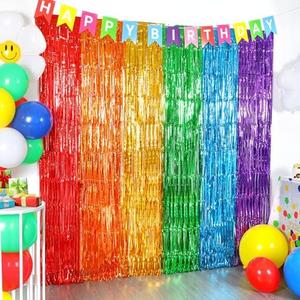 ROVOCLO Rainbow Foil Fringe Curtains, 2 Pack Party Decorations 3.3x6.6ft Fringe Streamer Backdrop for Birthday Party