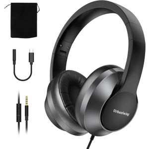 UrbanSwing W2 Wired Headphones with Mic, 3.5mm AUX & USB C Adapter, for iPhone 17 16 15, iPad, Samsung, Laptop, PC, inline Control, 4.9ft Long Wire, Velvet Pouch for Travel, Home Office, School, Black