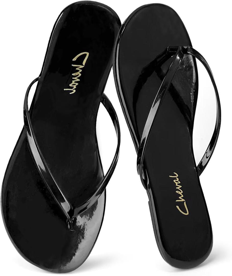 Flat Leather Flip Flops for Women, Comfortable Dressy Thong Sandals 2025 Summer and Spring Vacation Essentials, Chanclas Para Mujer (10, Shiny Black)