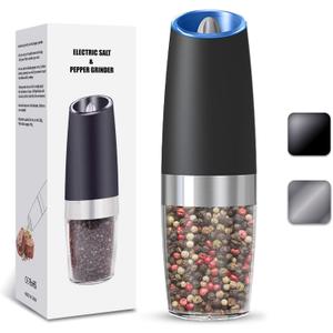UNNEES Gravity Electric Salt and Pepper Grinder, Automatic Salt And Pepper Grinder, Adjustable Roughness, Battery Powered, LED Light, 1 Pack, (Black)