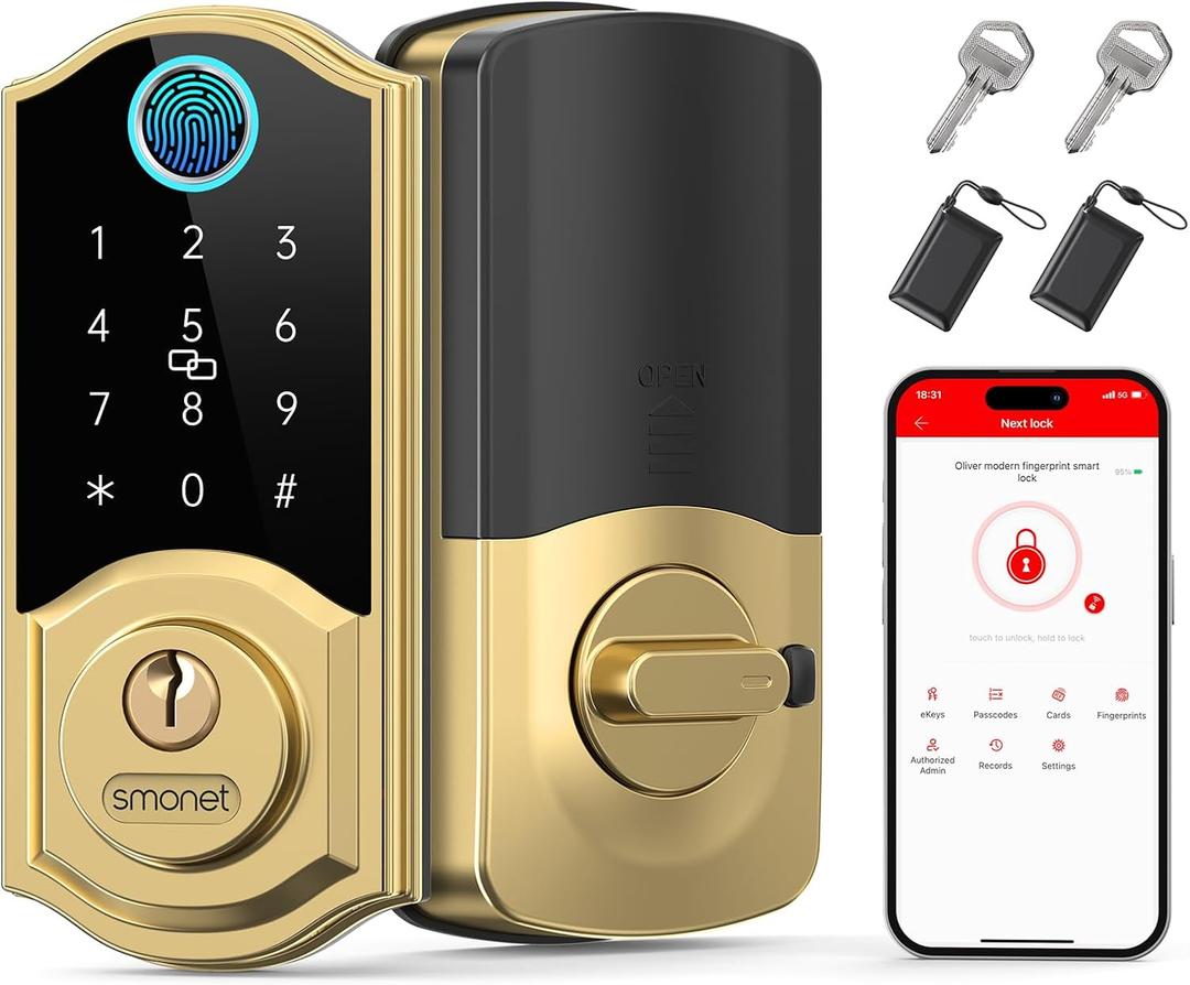 SMONET Smart Lock Fingerprint Deadbolt,Keyless Entry Door Lock with App Control,7-1 Smart Deadbolt with Digital Bluetooth Keyless Entry Keypad Biometrics,Auto-Lock,Easy to Install,Gold