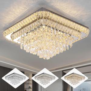 Elegant LED Crystal Raindrop Ceiling Light, 24 in Square Flush Mount Chandelier with Remote for Living Room Kitchen Island Bedroom Hallway Entryway Foyer (Dimmable) (Silver)