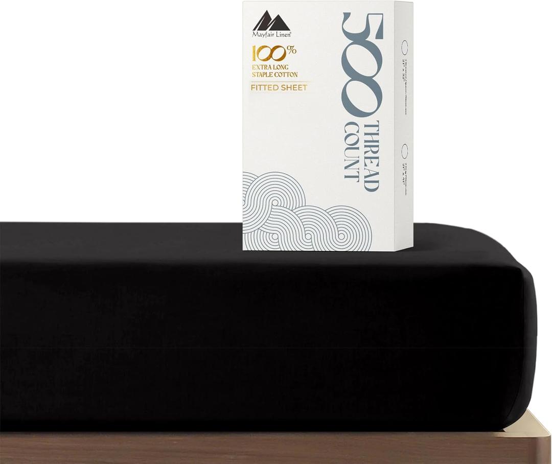 Mayfair Linen 100% Cotton Fitted Sheet Twin Size - 500 Thread Count 16" Deep Pocket Twin Fitted Sheet Only, Soft Cooling Sateen Weave Elastic Bottom Sheet, Fits College Dorm Mattress, Teens - Black