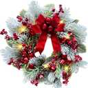 22 Inch Lighted Snow Flocked Christmas Wreath with Red Bow Ball Ornaments PineCones Berries Holiday Hanging Decoration for Door, Wall, Mantel