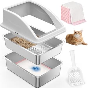 Stainless Steel Litter Box for Pine Pellet Cat Non Clumping Litter System | XXL Sifting Cat Box with Lid for Big Cats | High Sided, Anti-Urine Leakage | Non-Stick Bottom (Silver Gray)