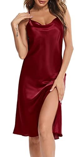 Vlazom Satin Nightgown Sexy Halter Lingerie Nightdress Spaghetti Strap Negligee Chemise Slip with Deep V Neck L