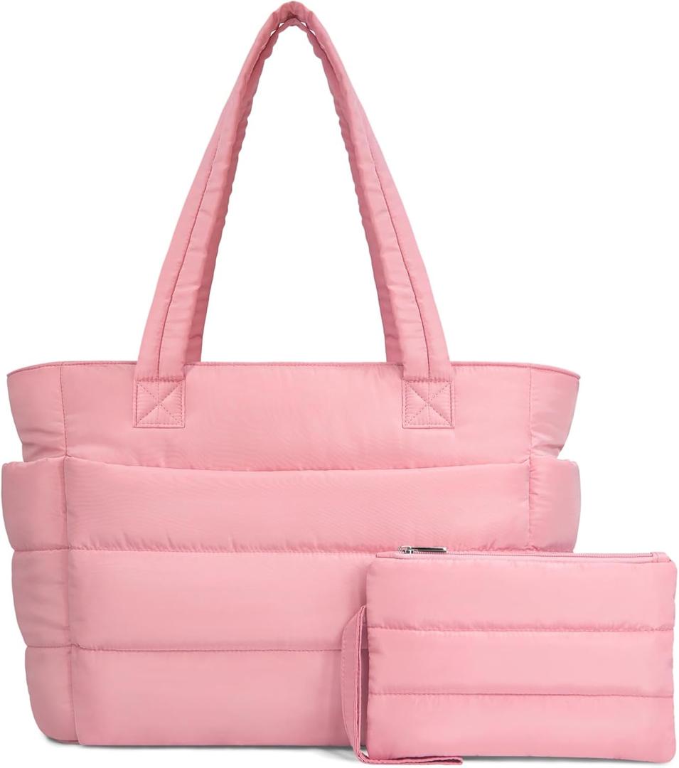 TOPDesign Puffer Tote Bag for Women, Lightweight Puffy Handbag with Compartments, Quilted Shoulder Bag for Work, Travel, Gym (Medium, Hot Pink)