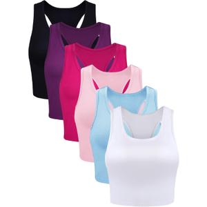 6 Pieces Basic Sleeveless Racerback Sports Crop Tank Tops for Women Girls Daily Wearing (Large, Black, Purple, Rose Red, White, Light Blue, Pink)