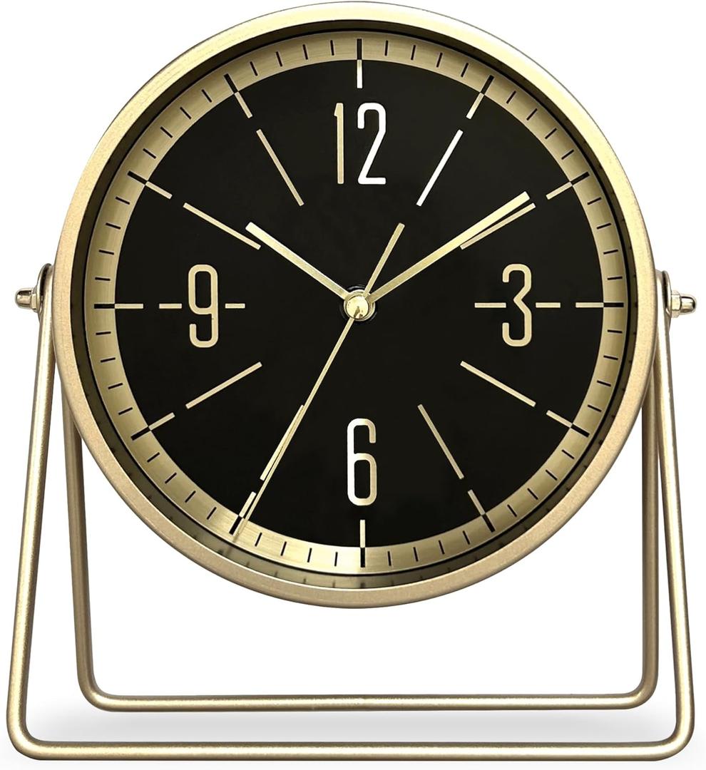 Vintage Metal Desk Clock for Bedroom, with Adjustable Angle Ticking Small Battery Operated Mantel Bedside Clock, Decorative Table Old Fashioned Style Black Decor Adult Kid Gift,Gold/Black