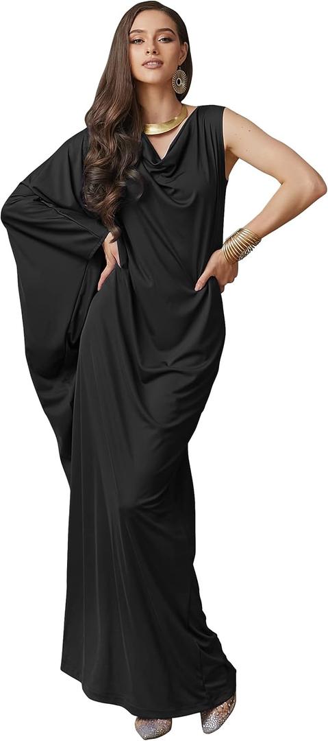 KOH KOH Womens Long Cowl Neck Flowy Grecian Goddess Single Sleeve Maxi Dress (Large, Black)