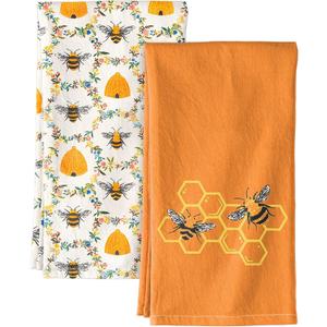 2 Pack Flour Sack Kitchen Towels - 16x26 Inch Cotton Dish Towels with Hanging Loop Reusable Geometric Boho Modern Retro Tea Towel Absorbent Dishcloths Home Decor, Orange Bee