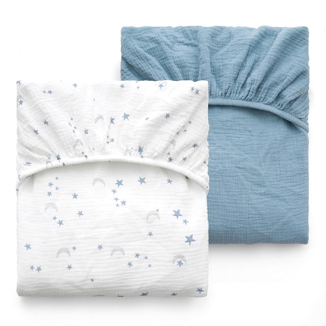 Momcozy Muslin Standard Fitted Crib Sheets, 52"x28", 2 Pack Soft Breathable Natural Cotton Baby Mattress Sheet, 360 Mattress Wrapping No Slip Boys Girls Neutral Toddler Bed Sheet, Blue Star Moon