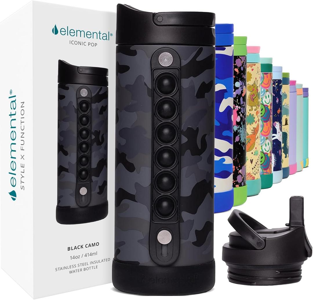 Elemental Iconic Kids Water Bottle with Straw Lid & Stress Relief Pop It Handle, Leak-Proof When Closed, Triple Insulated Kids Stainless Steel Water Bottle For Girls and Boys, 14oz - Black Camo