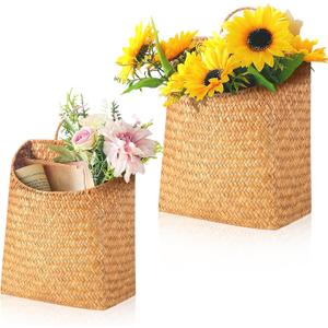 Boao 2 Pack Hanging Basket for Front Door Seagrass Wall Basket Hand Woven Different Sizes to Hold Flowers and Mail Wall Mounted Racks Storage Organize for Home Garden Farmhouse (Natural Color)