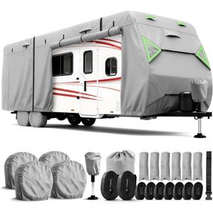 RV Cover, 7 Layers Waterproof Camper Cover with Tongue Jack Cover, Windproof Travel Trailer Cover with Gutter Cover, Fit for 24-27ft (Grey)