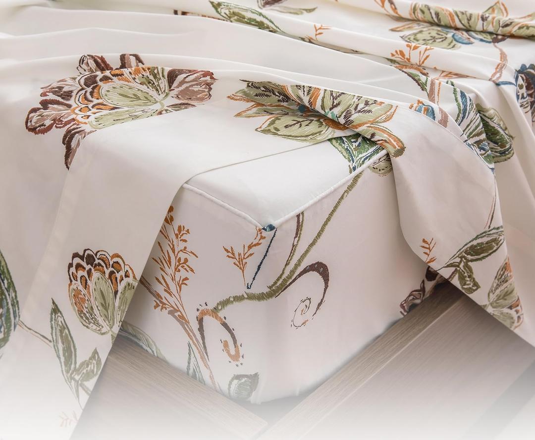 Floral King Size Sheet Sets -  Botanical Pattern Egyptian Cotton Printed Bedding Sheets King Size Bed Soft and Breathable 17.5" Extra Deep Pockets Bed Sheets, 4 Pieces
