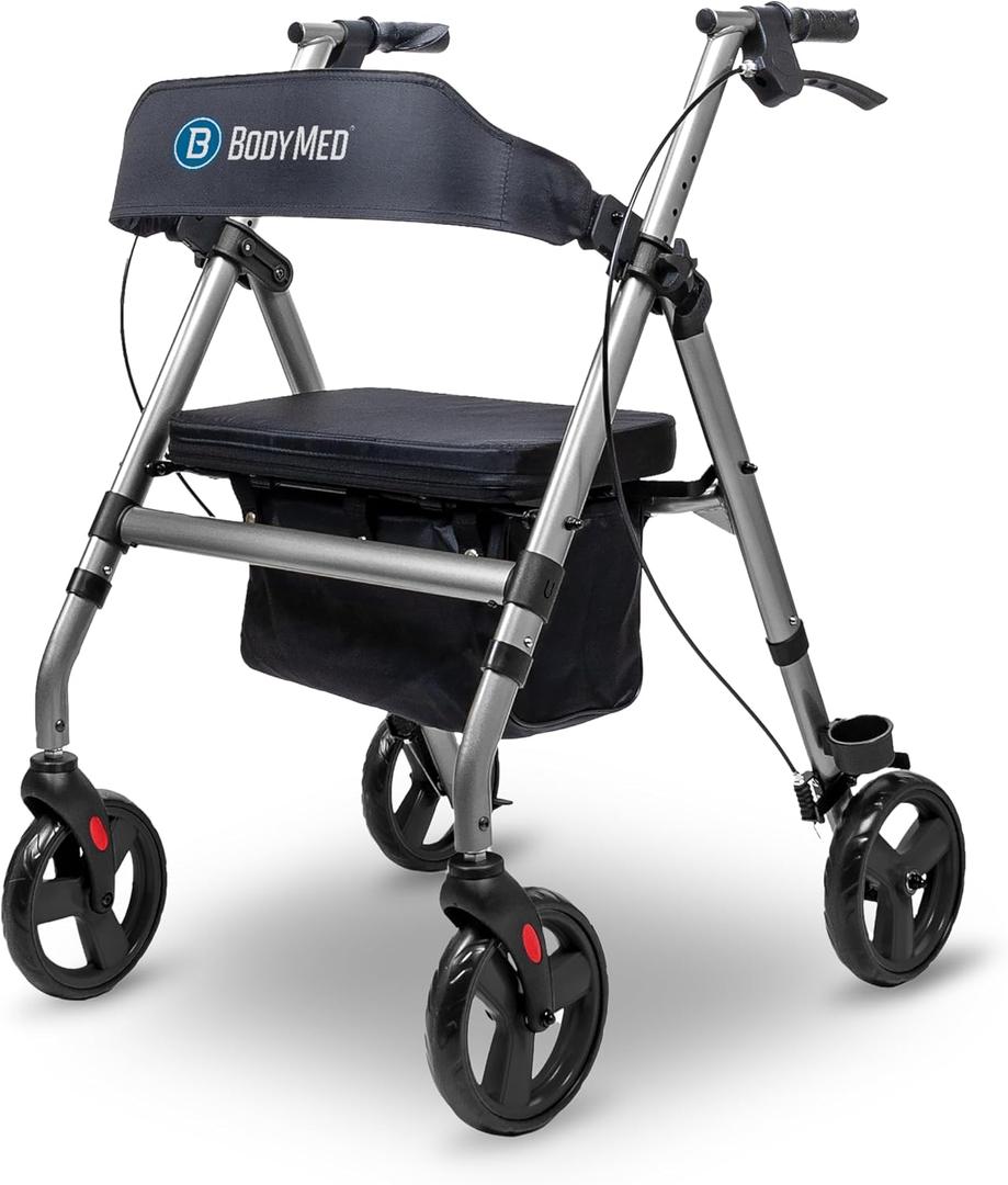 BodyMed Rollator with 8 in. Wheels - Adjustable Padded Seat, Dual Brake System, Compact Folding Design, Suitable for Most Terrains - Mobility Aid for Recovery and Daily Living