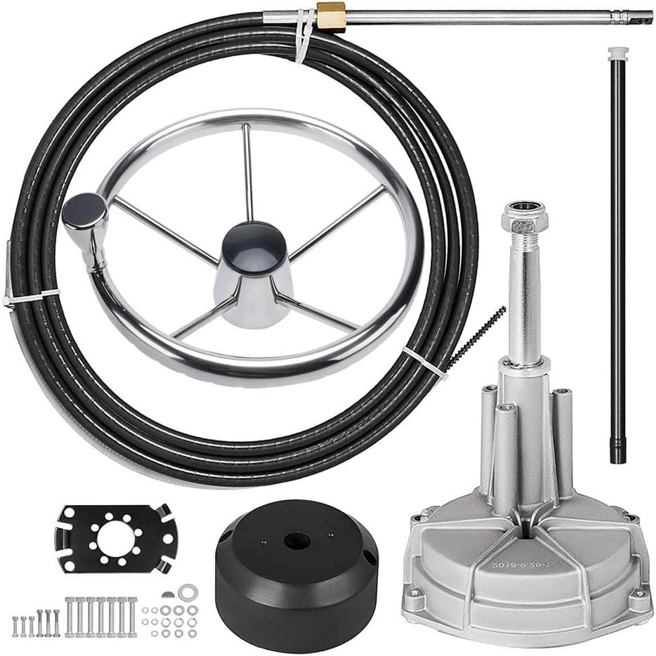 Made Outboard Steering System Boat Steering Cable 14 Feet Marine Steering System 3/4'' Shaft with Stainless Steel 13.5 Inch Wheel for Yachts and Waterborne Vehicles