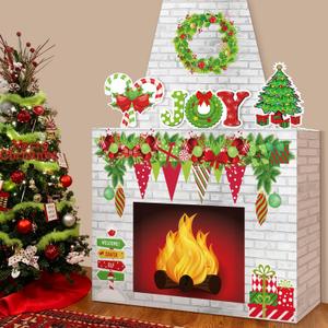 Fullhawl Cardboard Fireplace for Christmas Large Cardboard Fireplace Prop 3D Fake Centerpiece with Faux Chimney for Christmas Party Background Decor, 38 x 30 x 7 Inches(Classic,Red and Green)