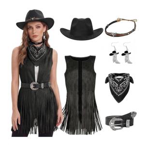 6 PCS Women Cowgirl Costume Set Western Cowboy Outfits with Vest Hat Belt Earring Bandana for Halloween Costumes 2026 Cosplay (X-Large, Dark Black)