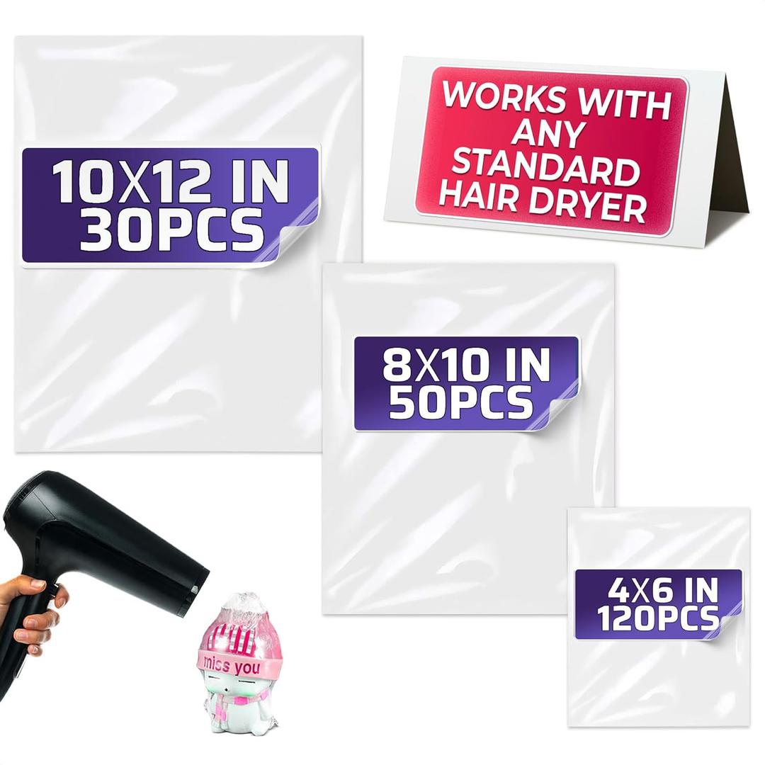 200Pcs Heat Shrink Wrap Bags  3 Sizes 4x6" (120) 8x10" (50) 10x12" (30) Clear PVC Plastic  Compatible with Any Heat Gun or Hair Dryer at Medium Temperature  Great for Wrapping DIY Crafts and Gifts
