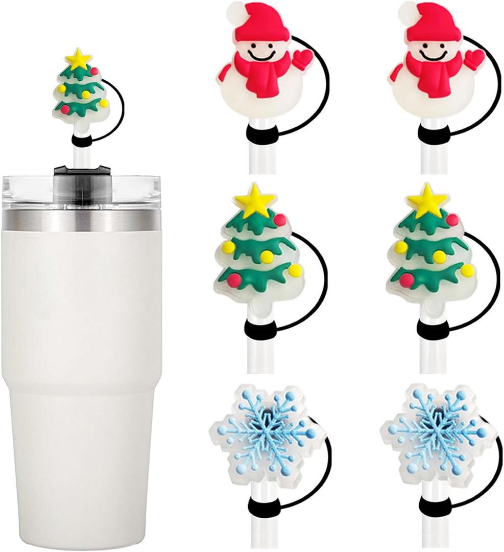 2 x 6Pcs Christmas Straw Covers, Glow in The Dark Xmas Straw Toppers Snowman Snowflake Christmas Tree Straw Tips Lids Reusable Silicone Straw Cover Caps 10mm Christmas Topper Set for Stanley Decorations