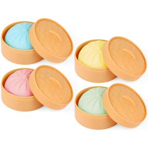 MEIEST 4 PCS Colorful Dumpling Stress Balls Fidget Sensory Toy,Squeeze Dough Ball Stress Relief Hand Toy,Bun with Food Steamer Stretchy Desk Toys