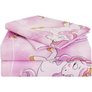 Yibeizi Unicorn Full Size Sheet Set for Girls, Kids Cute Princess Printed Bedsheet Microfiber Deep Pocket Bedding Sheets & Pillowcases 4 Pieces