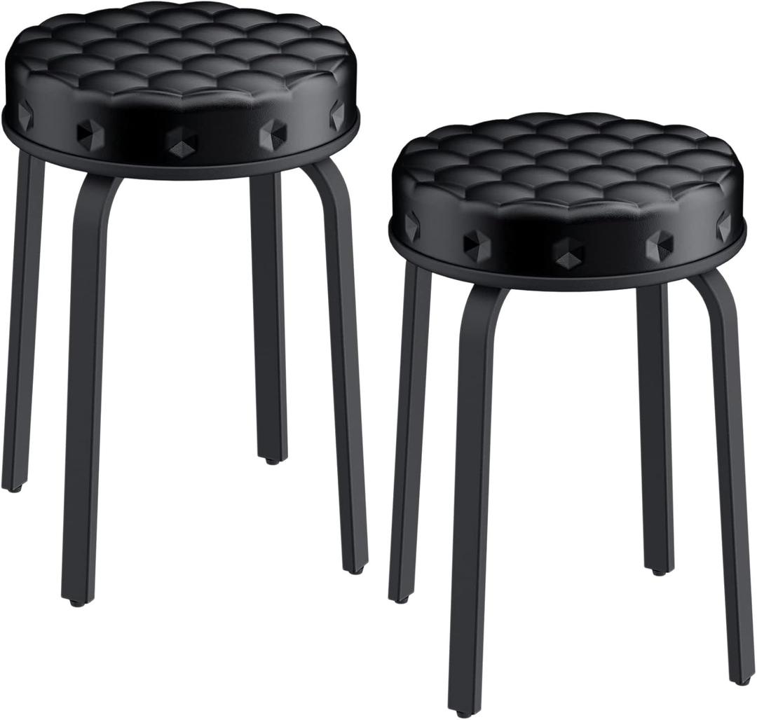 Sofeya Bar Stool Set of 2, 18.5 Inch Backless Round PU Leather Stool with Metal Legs, Modern Stackable Upholstered Short Stools Chairs for Dining Room, Kitchen, Party, Living and Classroom, Black