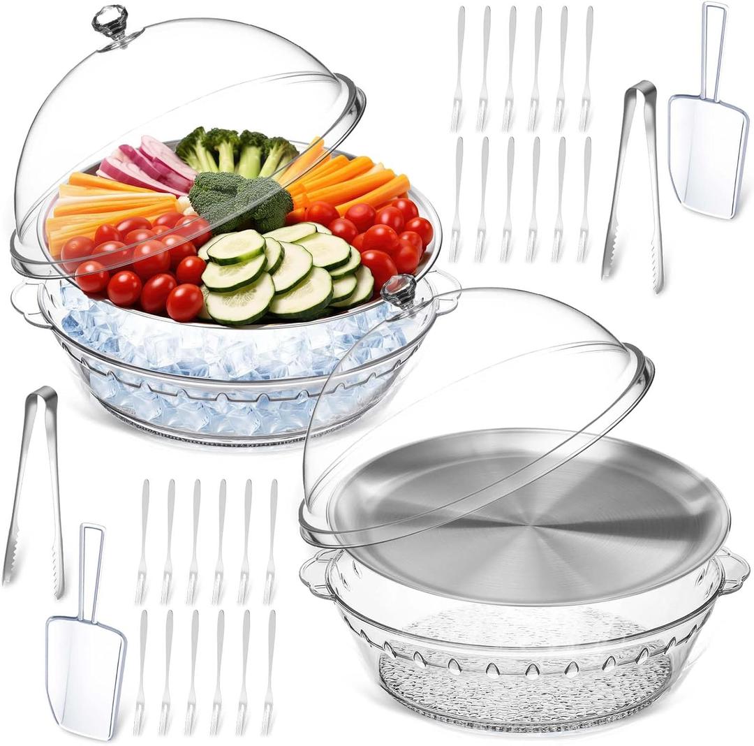 Baderke 11.8" Chilled Serving Tray for Parties with Compartments and lid Ice Chilled Party Platter Charcuterie Serving Board Cold Dish Dip for Fruit Seafood Vegetable Shrimp Cocktail(Silver,2 Pcs)