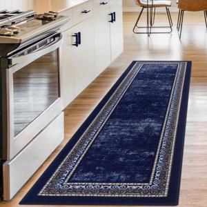 Antep Rugs Alfombras Bordered Modern 2x10 Non-Slip (Non-Skid) Low Pile Rubber Backing Indoor Area Runner Rug (Navy, 2' x 10')