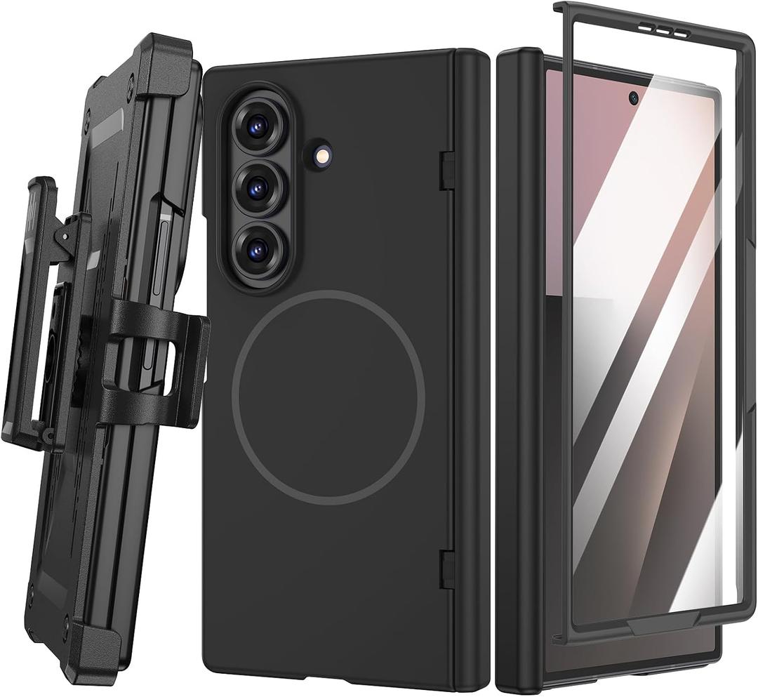Maxdara for Z Fold 7 Magnetic Case with Belt Clip Holster, Compatible with Magsafe & Hinge Protection & Tempered Glass Screen Protector Magnet Hard Cover for Samsung Galaxy Z Fold 7 - Black