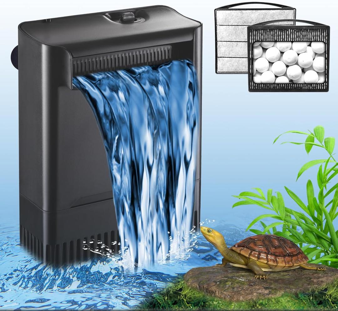TARARIUM Turtle Tank Filter Aquarium Filter Power Adjustable 20-75 Gal. 290GPH Large Internal Filter 3-Stage Waterfall Bio-Filtration Low Water Level for Freshwater Saltwater Fish Tank Reptile Shrimp Frog