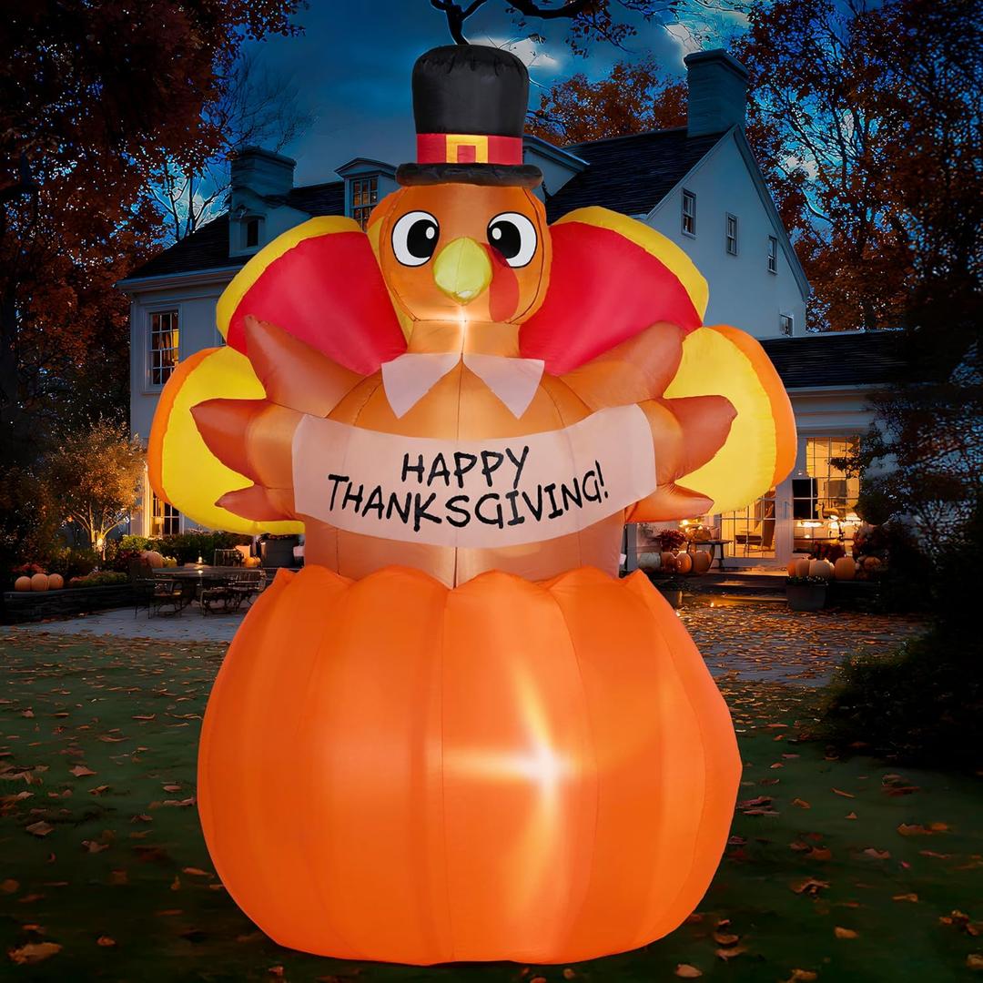 JOIEDOMI 6FT Thanksgiving Inflatables Turkey on Pumpkin Outdoor Decorations, Light Up Inflation Turkey Pumpkin with LED, Happy Thanksgiving Blow Ups for Outside Decorations Yard Garden Lawn Party