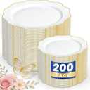 WDF 200PCS White and Gold Plastic Plates - Gold Plastic Plates - Include 100 Dinner & 100 Dessert Disposable Party Plate - Fancy Disposable Plate for Wedding/Baby Shower/Spring/Mother's Day
