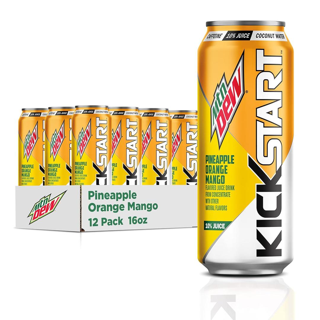 Mountain Dew Kickstart, Pineapple Orange Mango, 90mg Caffeine, Vitamins B & C, 80 Calories, 10% Juice, 16 fl oz (Pack of 12) (EXP 12/02/26)