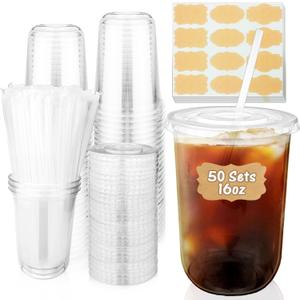 50 Sets Clear Plastic Cups with Lids and Straws, 16oz Round Bottom Disposable Ice Coffee Cups, PET To Go Cups with 60Pcs Label Stickers for Cold Drinks, Juice, Smoothie, Coffee Bar, Party