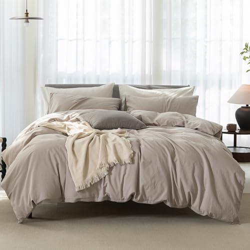ELIMMO Cooling King Duvet Cover Set 3 Pieces-100% Washed Cotton Linen Like Textured Ultra Soft Cozy Bedding with Zipper Closure,Includes 1 Duvet Cover & 2 Pillow Shams(Beige Grey,King 104"x90")