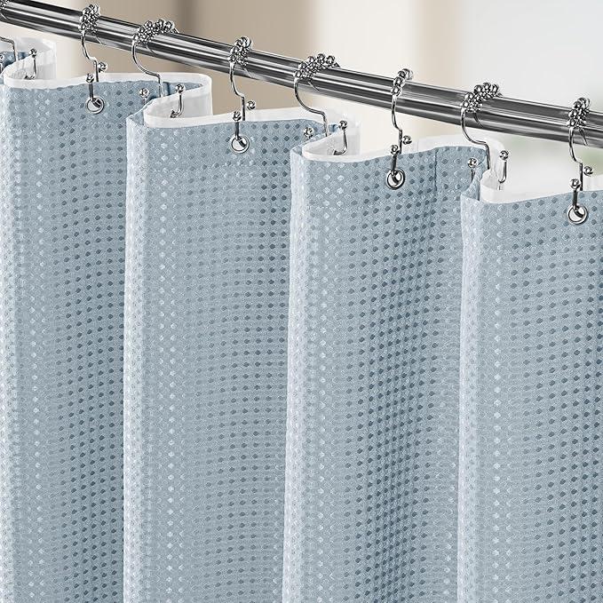 3 in 1 Shower Curtain Set, Waffle Shower Curtain and Liner Set with 12 Double Sided Shower Curtain Hooks, 258GSM Luxury Weighted Cloth Shower Curtains for Bathroom, 36 W x 64 H, Fog Blue