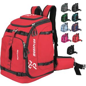 Ski Boot Bag - 65L Padded, Waterproof Ski Travel Backpack for Gear & Accessories (Red)