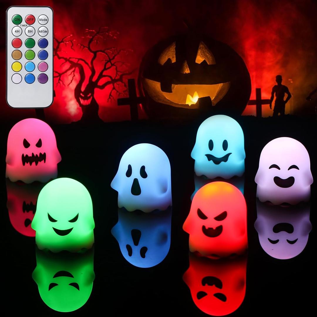 DRomance Halloween Ghost Lights Flameless Candles Battery Operated with Remote and Timer 6 Pack Color Changing LED Small Votive Candles Spooky Halloween Indoor Decoration(2 x 2.4 Inches)
