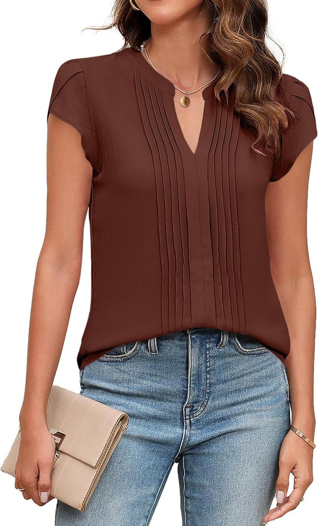 Blooming Jelly Womens Blouses Dressy Causal V Neck Pintuck Short Petal Sleeve Business Tops Ladies Summer Trendy Work Shirt (Large, Brown)