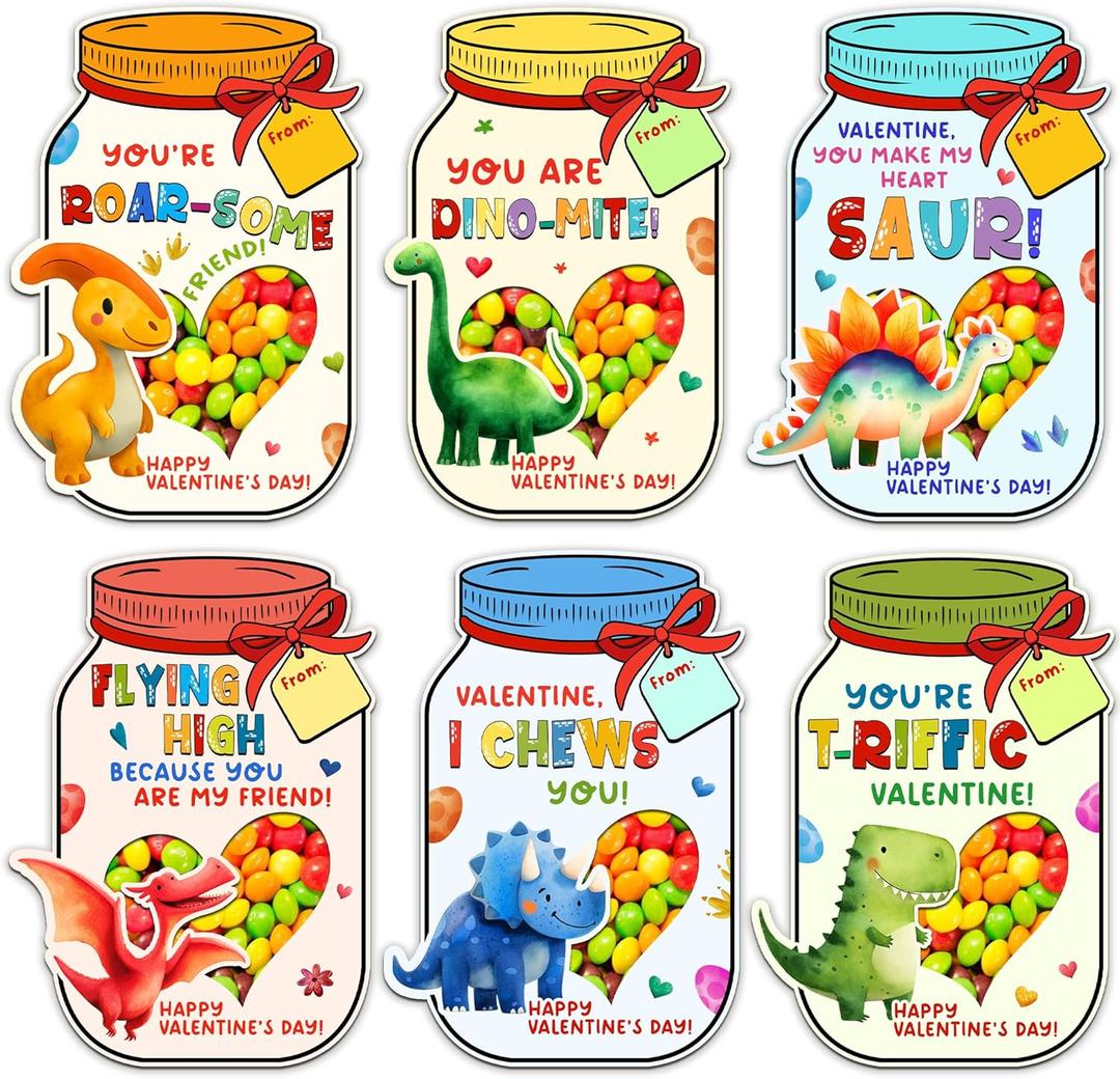MAPDTWO 36 Packs Dinosaur Valentines Day Cards for Kids - Dinosaur Kids Valentines Day Cards for School Classroom Party Favors - Dino 3.7''x 5.3'' Mason Jar Card Exchange (Candy Not Included)