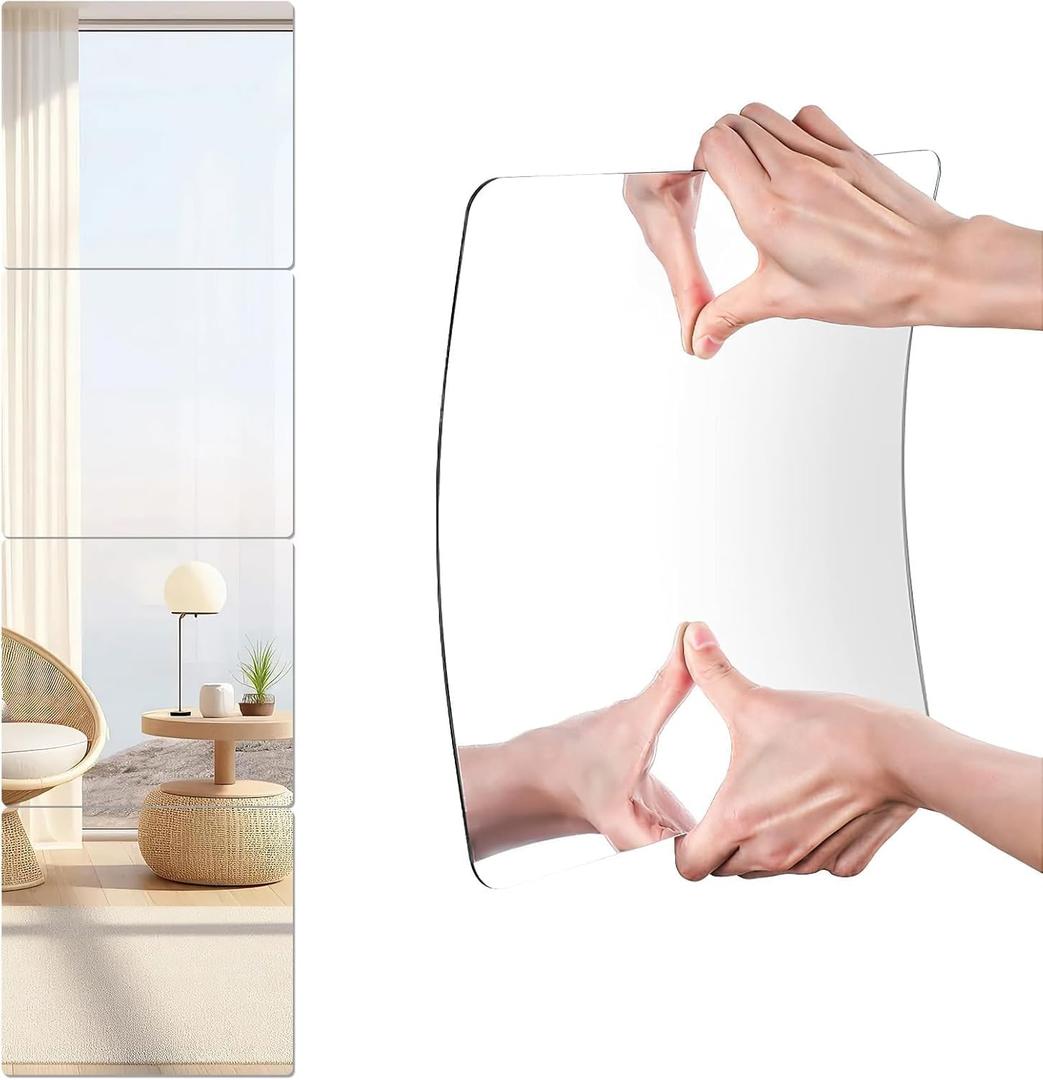8 Pack 12x12 Inch Shatterproof Acrylic Mirror Tiles, Self-Adhesive Full Body Wall Mirrors for Bedroom, Home Gym, Bathroom & Living Room, Unbreakable Flexible Mirror Sheets