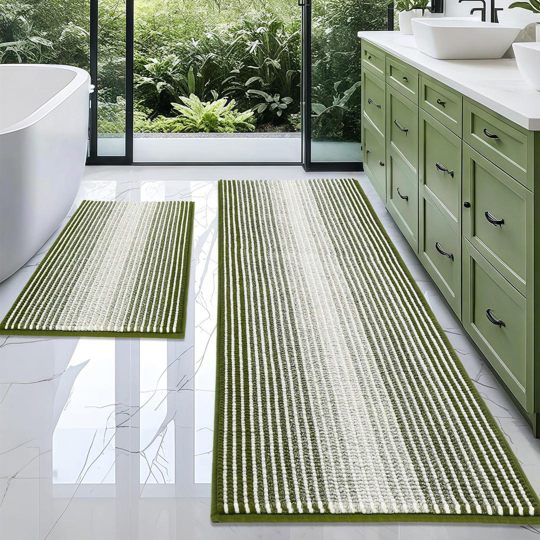 BSICPRO Bathroom Rugs and Mats Sets, 2 Piece Thick Absorbent Chenille Bath Mat Rug Set Non Slip, Soft Shaggy Bath Room Floor Mats for Bathroom, Machine Washable (Sage, 24" x 70" Plus 20" x 32")